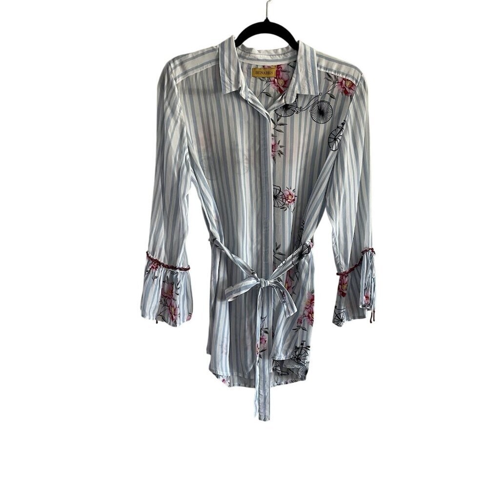 Benares Women S Striped Floral Bicycle Novelty Print Bell Sleeves Belted Blouse